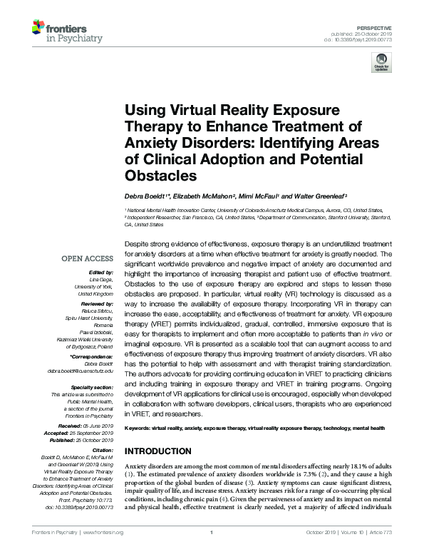 (PDF) Using Virtual Reality Exposure Therapy to Enhance Treatment of ...