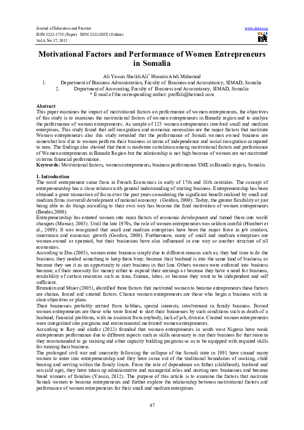 (PDF) Motivational Factors and Performance of Women Entrepreneurs in ...