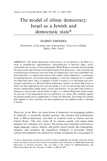 (PDF) The model of ethnic democracy: Israel as a Jewish and democratic ...