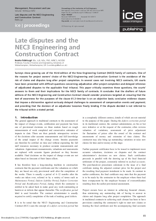 (PDF) Late disputes and the NEC3 Engineering and Construction Contract