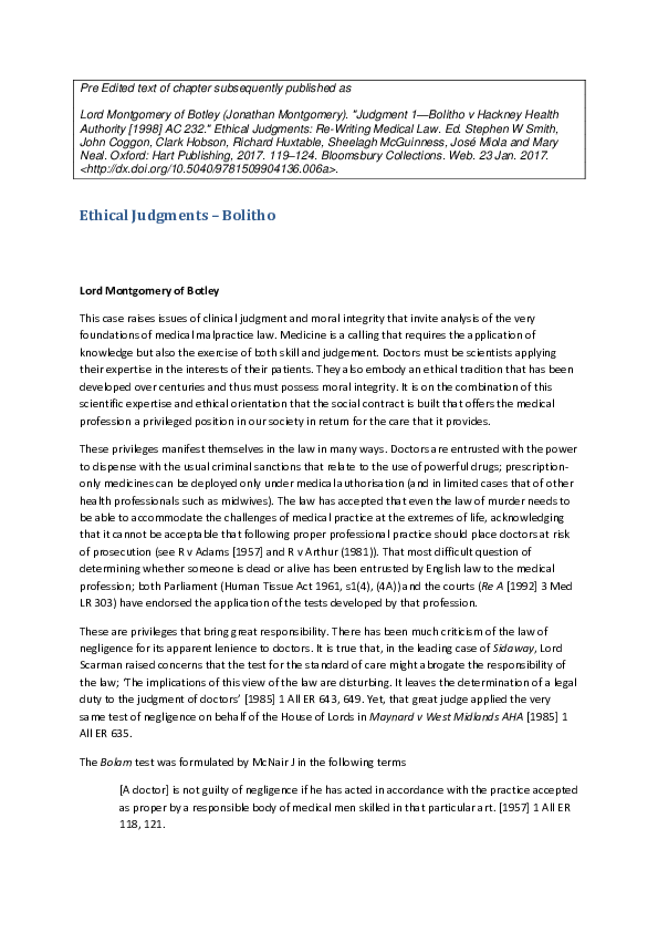 (PDF) Judgment 1—Bolitho v Hackney Health Authority [1998] AC 232