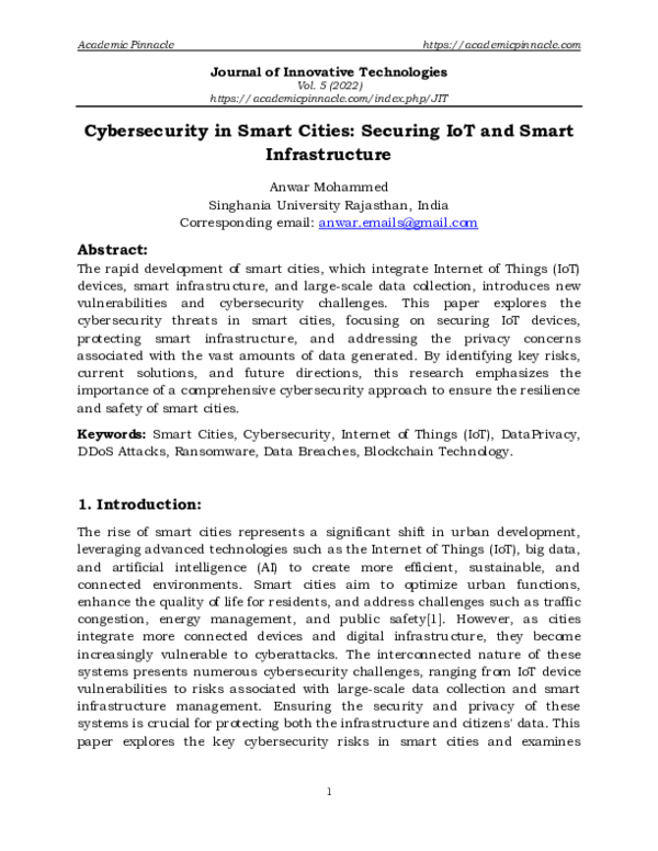 Pdf Cybersecurity In Smart Cities Securing Iot And Smart Infrastructure