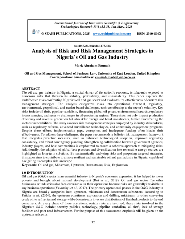 (PDF) Analysis of Risk and Risk Management Strategies in Nigeria's Oil ...