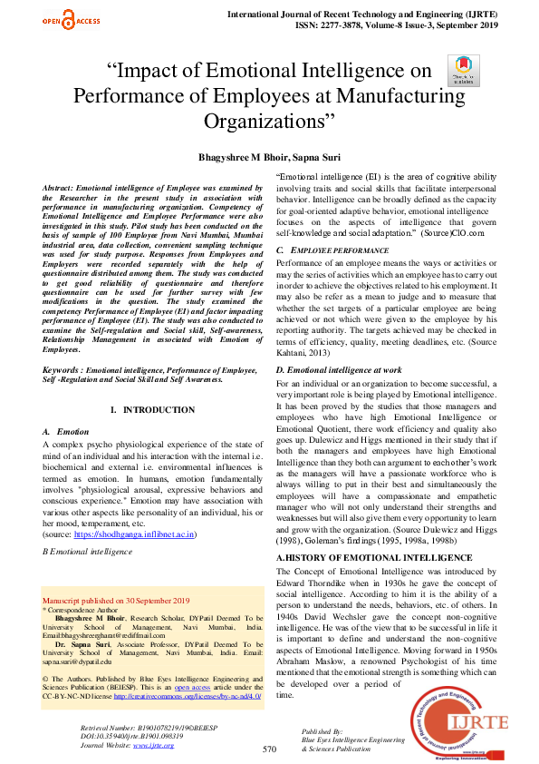 (PDF) Impact of Emotional Intelligence on Performance of Employees at ...
