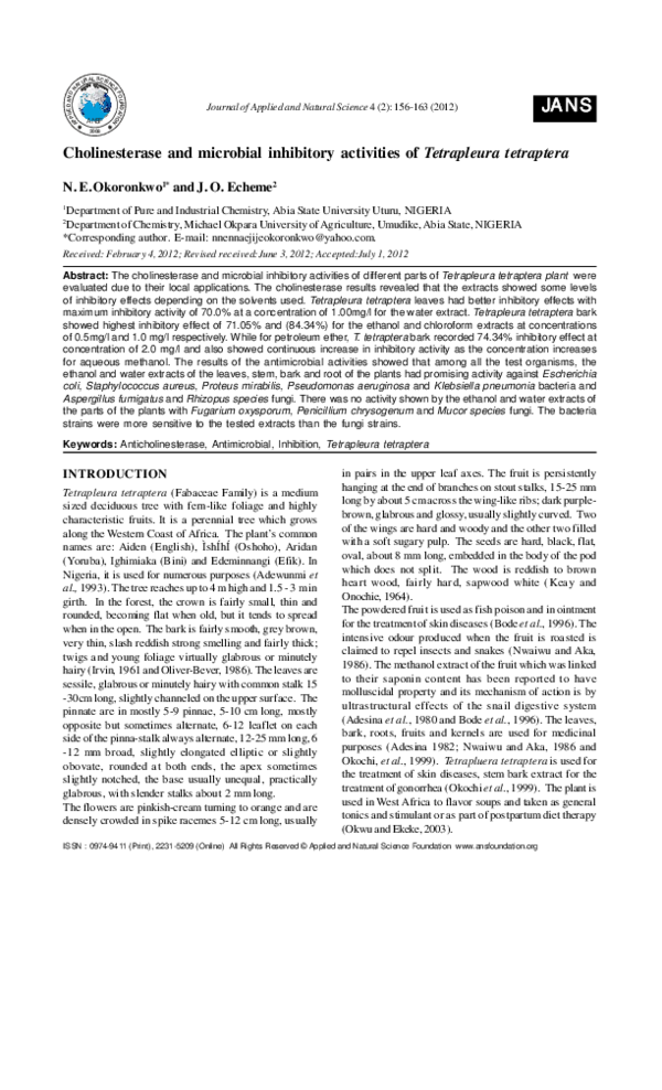 (PDF) Cholinesterase and microbial inhibitory activities of Tetrapleura ...