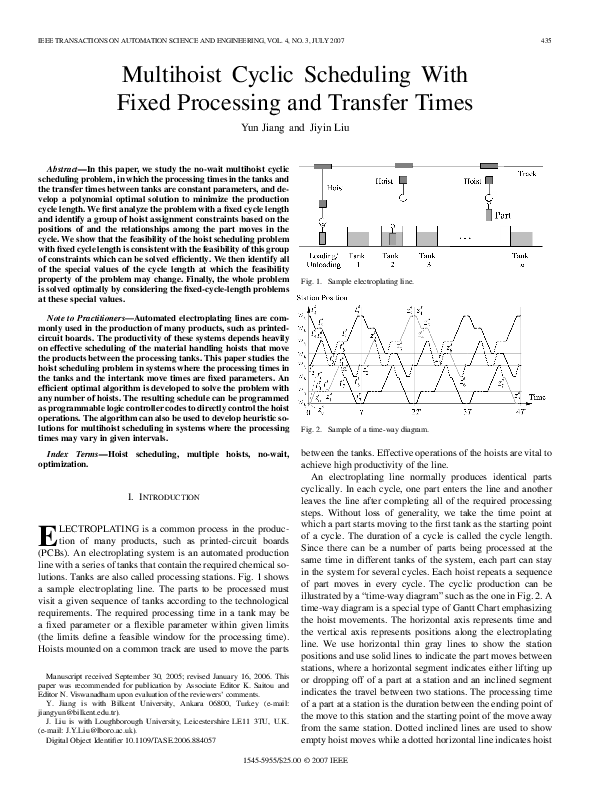 (PDF) Multihoist Cyclic Scheduling With Fixed Processing and Transfer Times