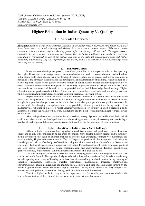 (PDF) Higher Education in India: Quantity Vs Quality