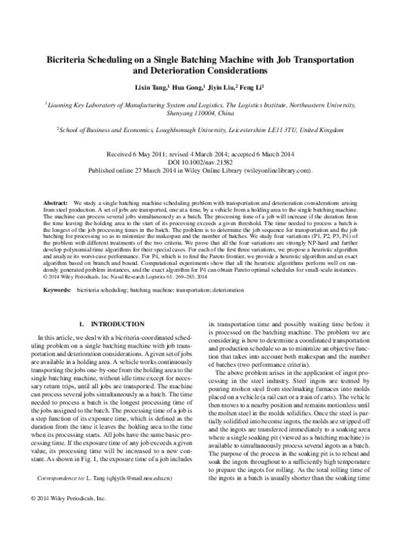 (PDF) Bicriteria scheduling on a single batching machine with job ...