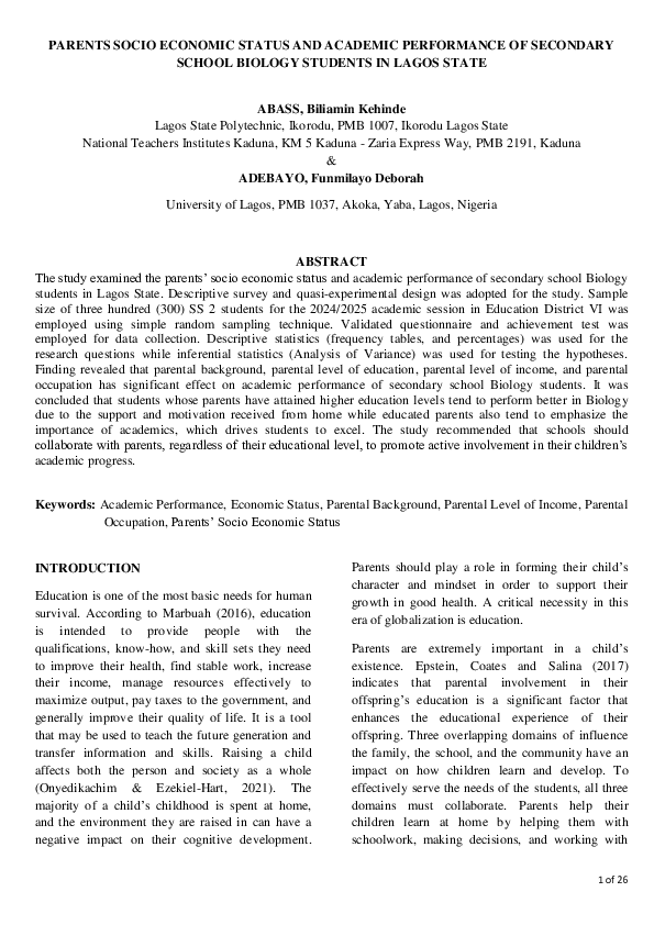 (PDF) PARENTS SOCIO ECONOMIC STATUS AND ACADEMIC PERFORMANCE OF ...