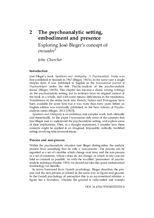 (PDF) The psychoanalytic setting, embodiment and presence