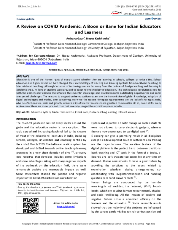 (PDF) A Review on COVID Pandemic: A Boon or Bane for Indian Educators ...