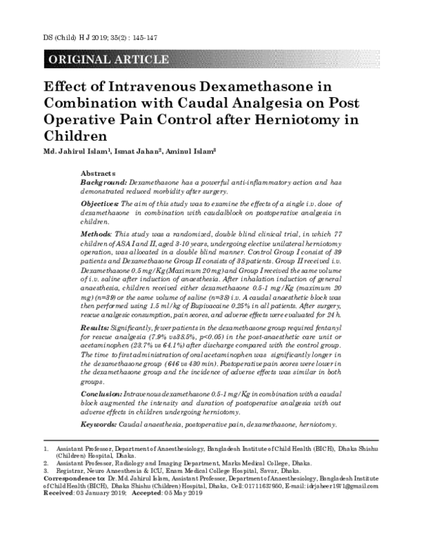 (PDF) Effect of Intravenous Dexamethasone in Combination with Caudal ...