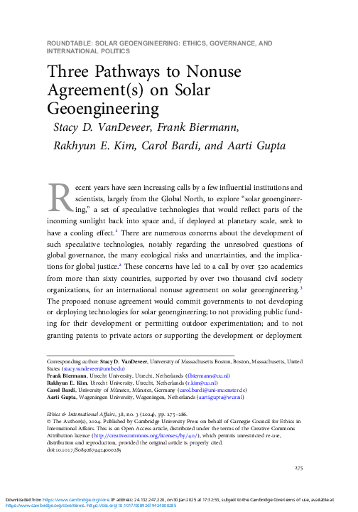 (PDF) Three Pathways to Nonuse Agreement(s) on Solar Geoengineering