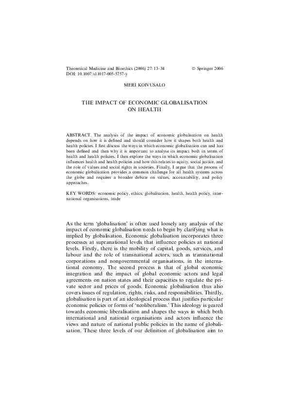 (PDF) The Impact of Economic Globalisation on Health