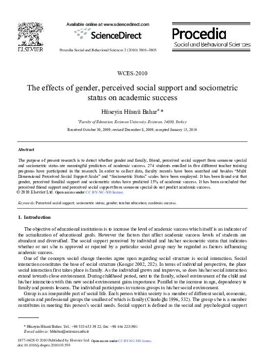 (PDF) The effects of gender, perceived social support and sociometric ...