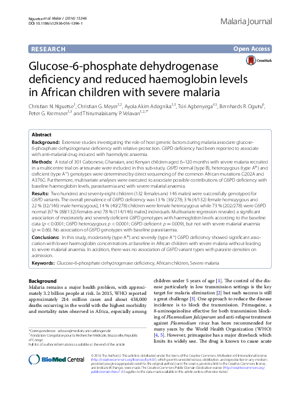 (PDF) Glucose-6-phosphate dehydrogenase deficiency and reduced ...
