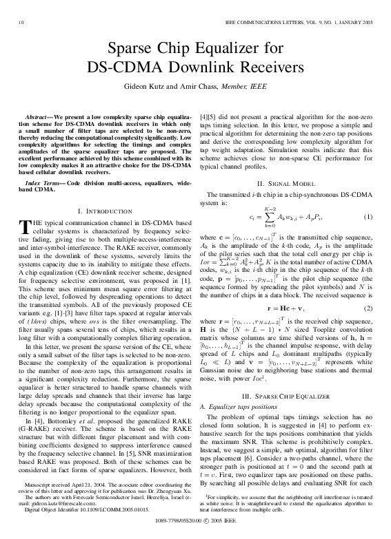 (PDF) Sparse chip equalizer for DS-CDMA downlink receivers