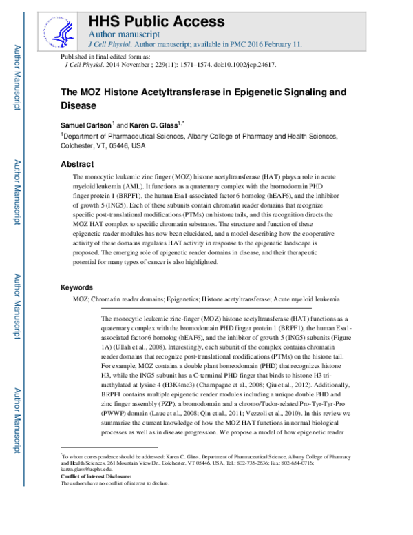 (PDF) The MOZ Histone Acetyltransferase in Epigenetic Signaling and Disease
