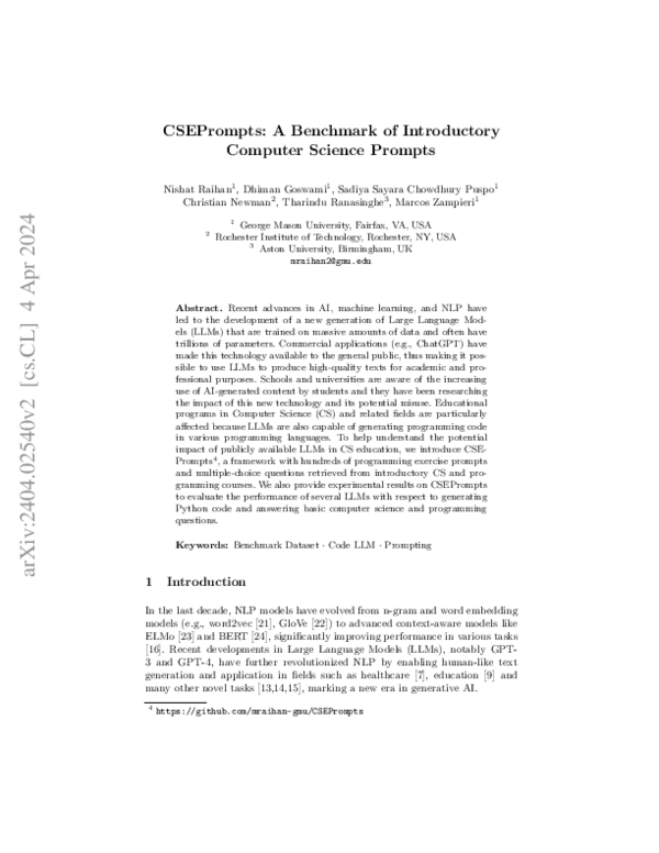 (PDF) CSEPrompts: A Benchmark of Introductory Computer Science Prompts