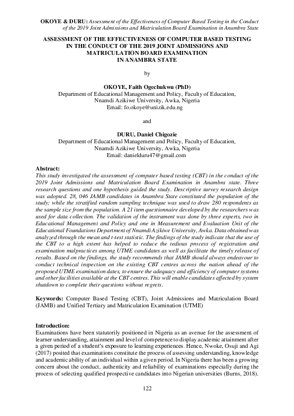 (PDF) Assessment of the Effectiveness of Computer Based Testing in the ...