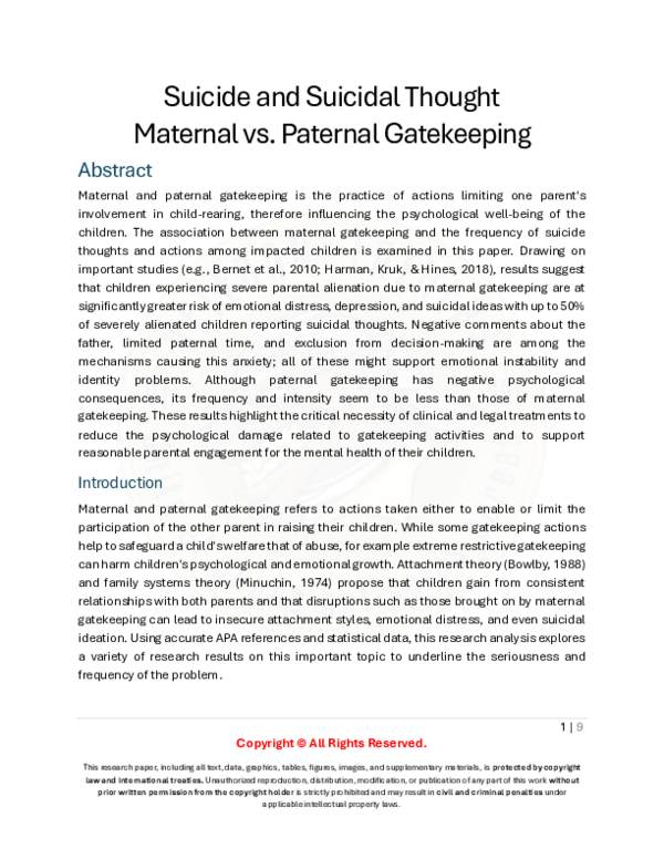 (PDF) Suicide and Suicidal Thought Maternal vs. Paternal Gatekeeping