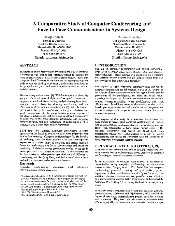 (PDF) A comparative study of computer conferencing and face-to-face ...