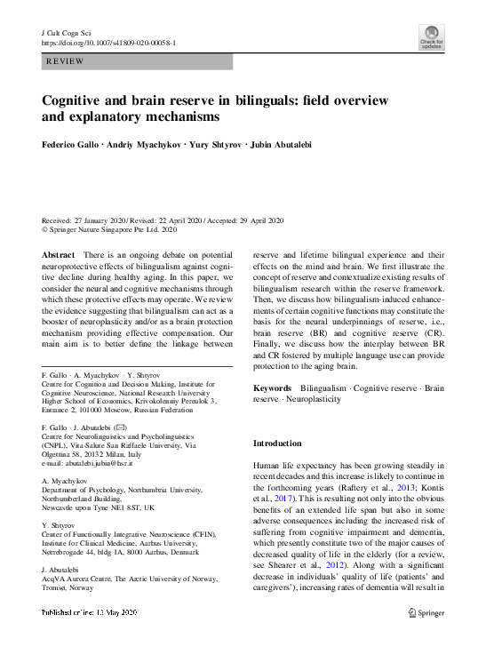 (PDF) Cognitive and brain reserve in bilinguals: field overview and ...