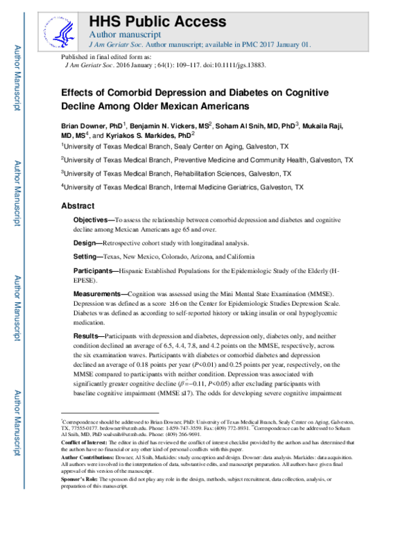 (PDF) Effects of Comorbid Depression and Diabetes Mellitus on Cognitive ...