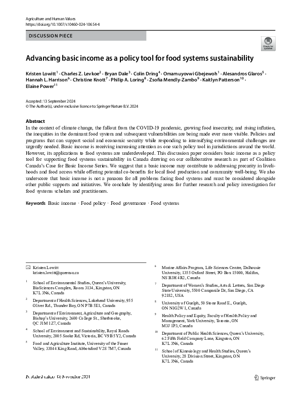 (PDF) Advancing basic income as a policy tool for food systems ...