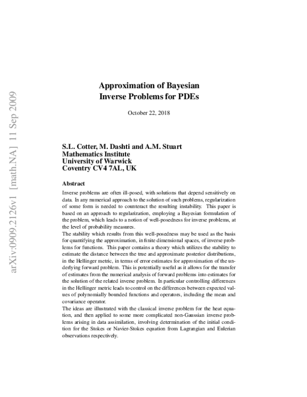 (PDF) Approximation of Bayesian Inverse Problems for PDEs