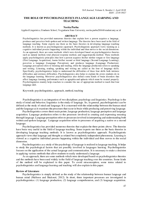 (PDF) The Role of Psycholinguistics in Language Learning and Teaching