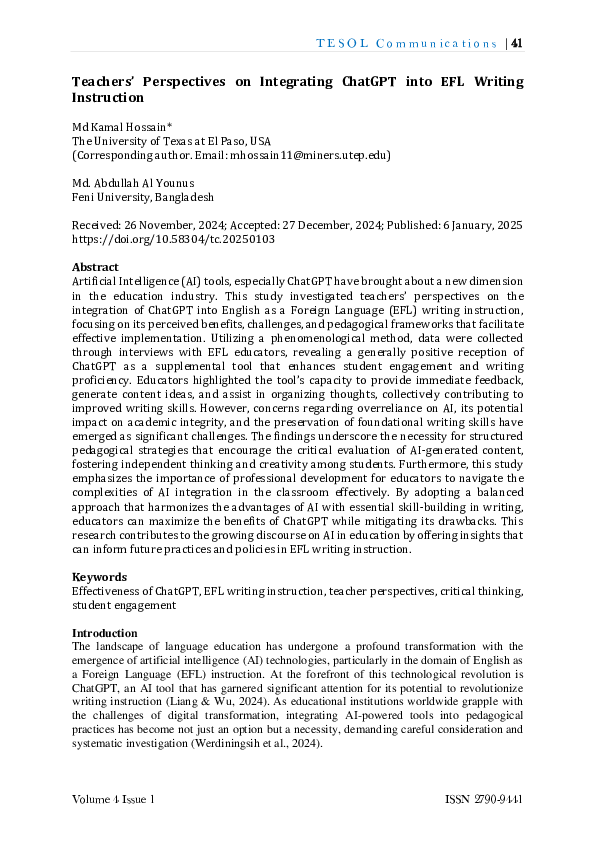 (PDF) Teachers' Perspectives on Integrating ChatGPT into EFL Writing ...