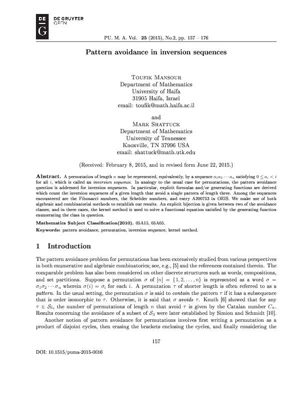 (PDF) Pattern avoidance in inversion sequences
