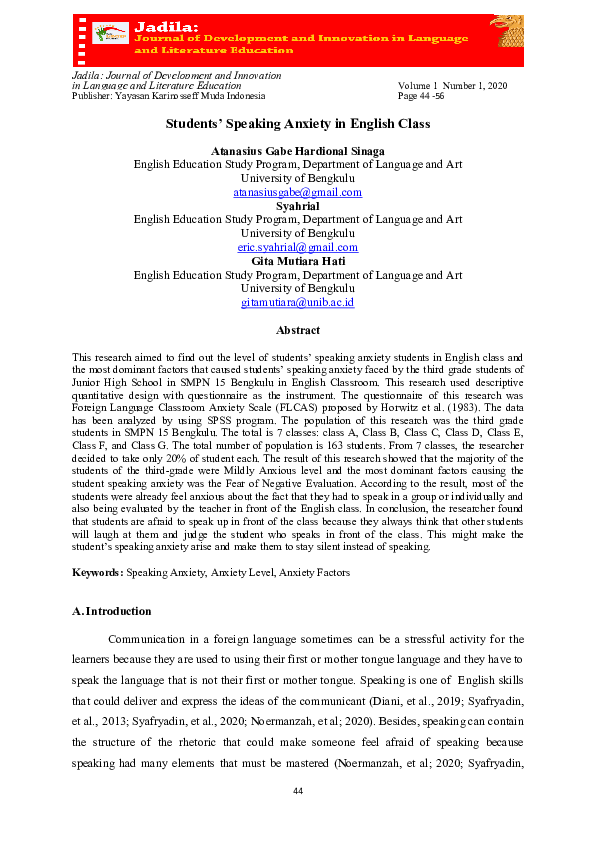 (PDF) Students’ Speaking Anxiety in English Class