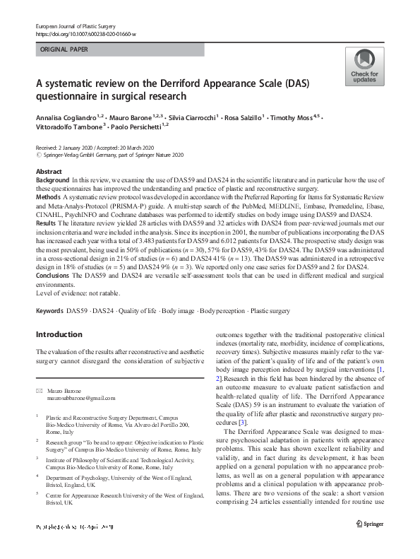 (PDF) A systematic review on the Derriford Appearance Scale (DAS ...