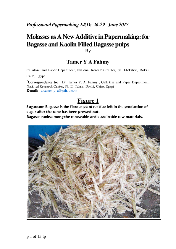 (PDF) Molasses As A New Additive In Papermaking: For Bagasse And Kaolin ...