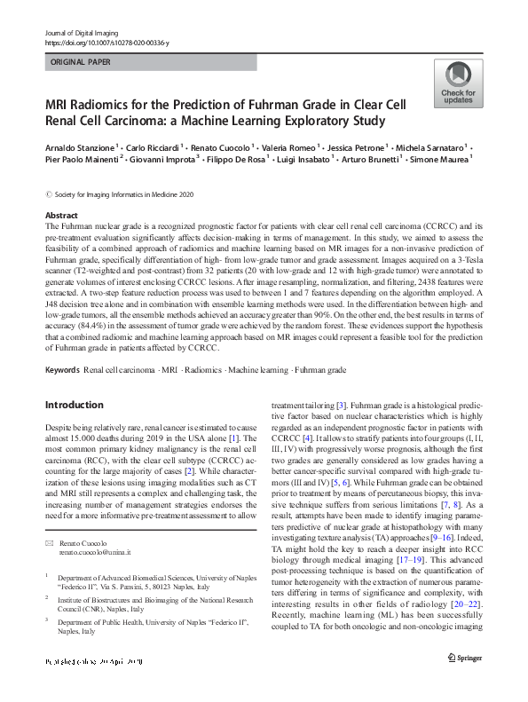 (PDF) MRI Radiomics for the Prediction of Fuhrman Grade in Clear Cell ...