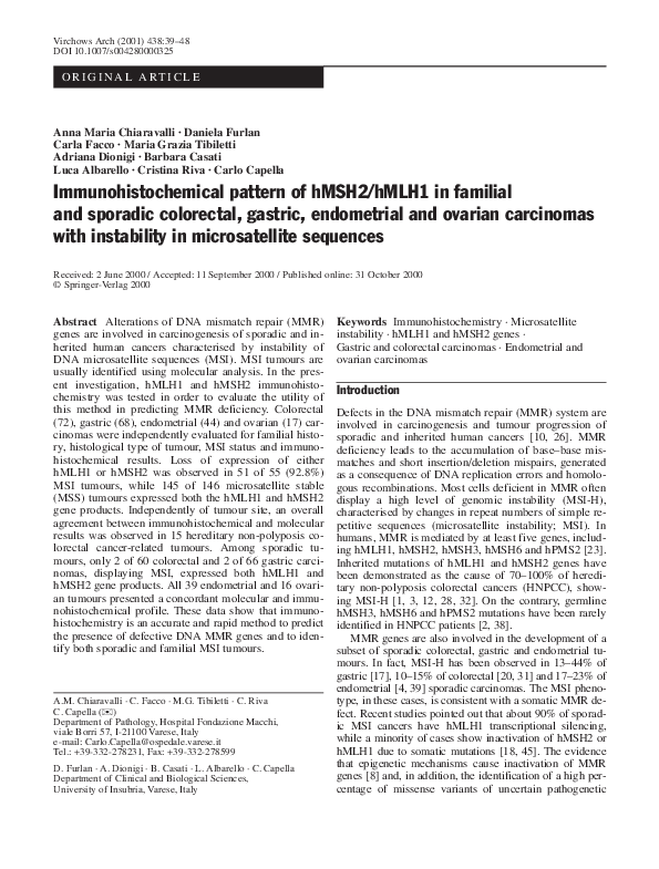 (PDF) Immunohistochemical pattern of hMSH2/hMLH1 in familial and ...