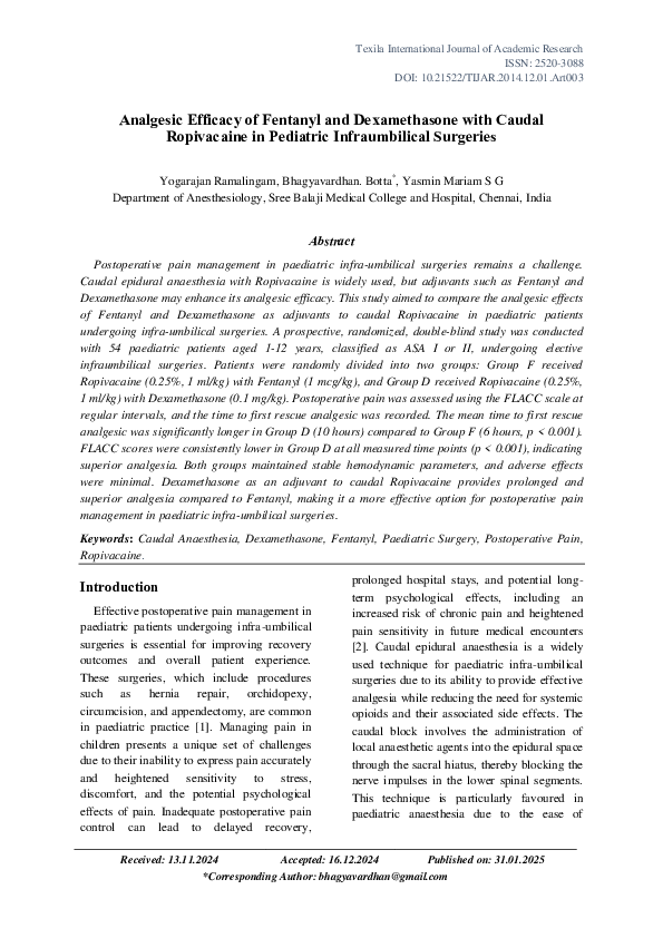 (PDF) Analgesic Efficacy of Fentanyl and Dexamethasone with Caudal ...