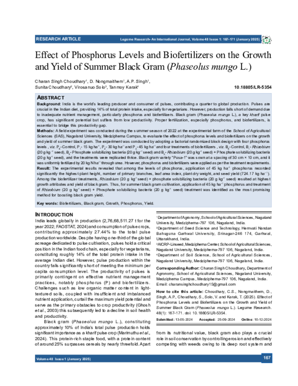 (PDF) Effect of Phosphorus Levels and Biofertilizers on the Growth and ...
