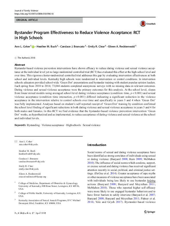 (PDF) Bystander Program Effectiveness to Reduce Violence and Violence ...