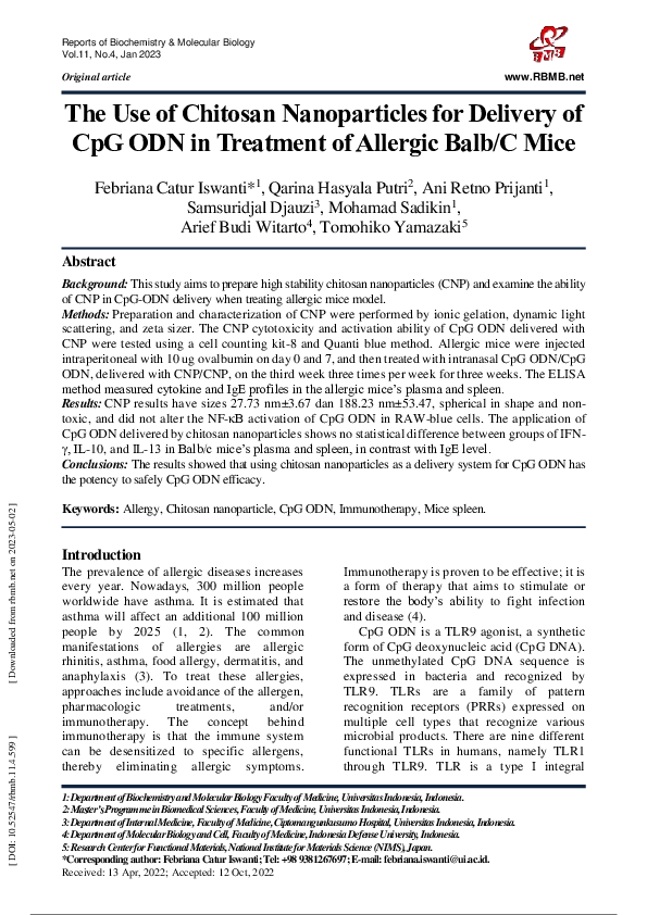 (PDF) The Use of Chitosan Nanoparticles for Delivery of CpG ODN in ...