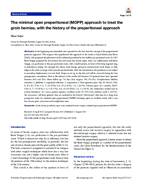 (PDF) The minimal open preperitoneal (MOPP) approach to treat the groin ...