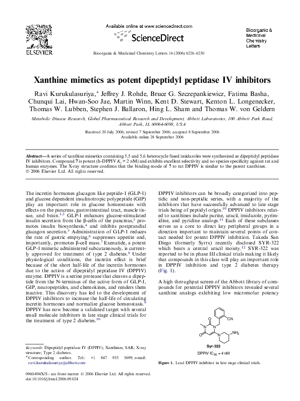(PDF) Xanthine mimetics as potent dipeptidyl peptidase IV inhibitors