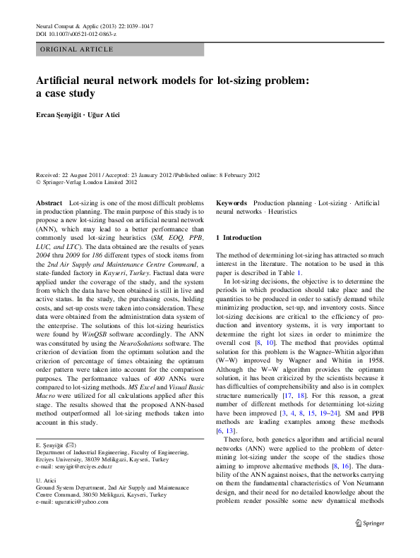 (PDF) Artificial neural network models for lot-sizing problem: a case study