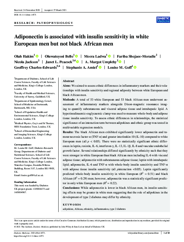 (PDF) Adiponectin is associated with insulin sensitivity in white ...