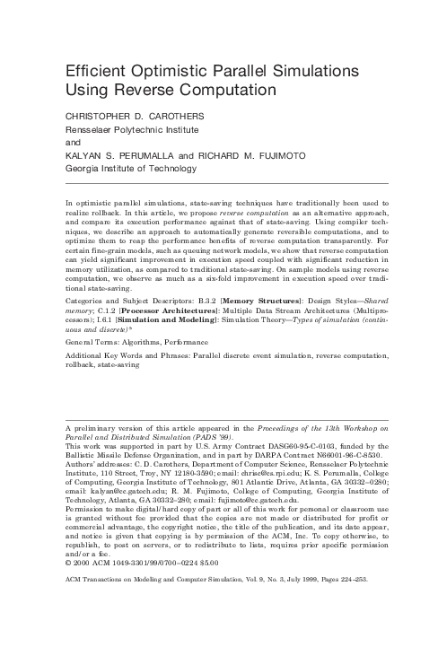(PDF) Efficient optimistic parallel simulations using reverse computation