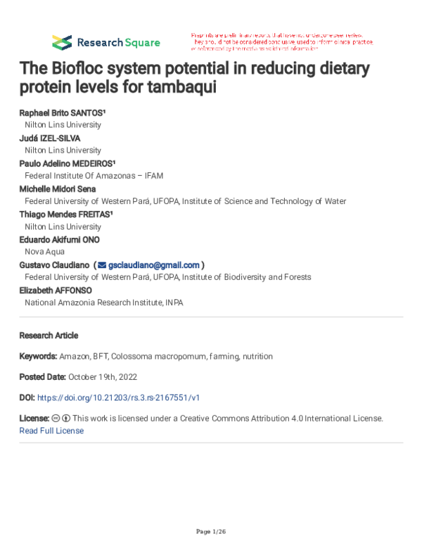 (PDF) The Biofloc system potential in reducing dietary protein levels ...