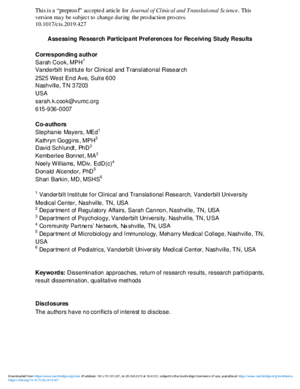 (PDF) Assessing research participant preferences for receiving study ...