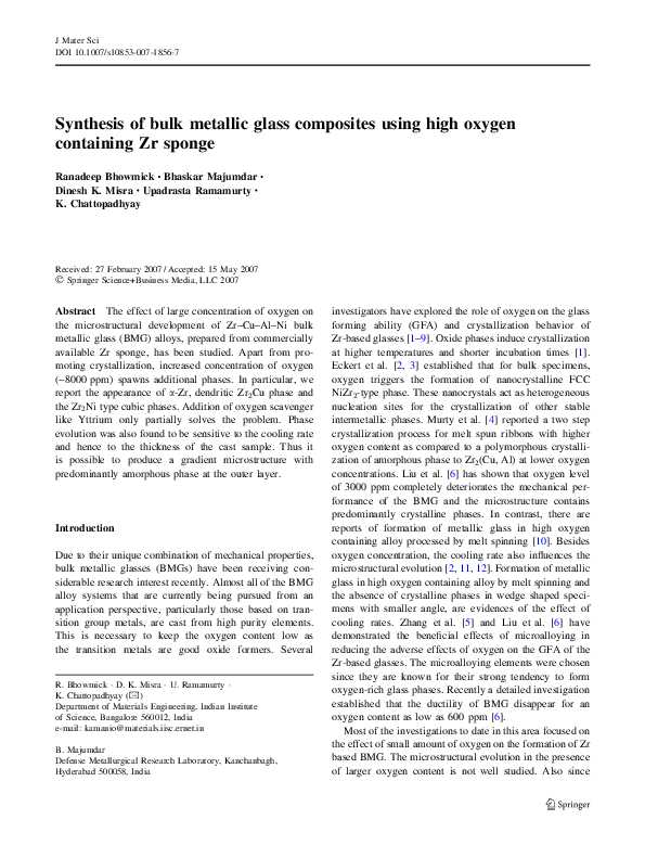 (PDF) Synthesis of bulk metallic glass composites using high oxygen ...